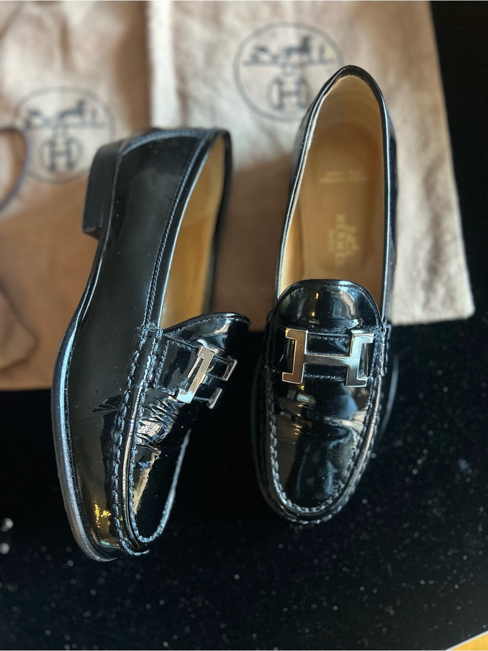 Hermes Women’s Black Patent Leather Loafers with Silver H buckle - Picture 2 of 5